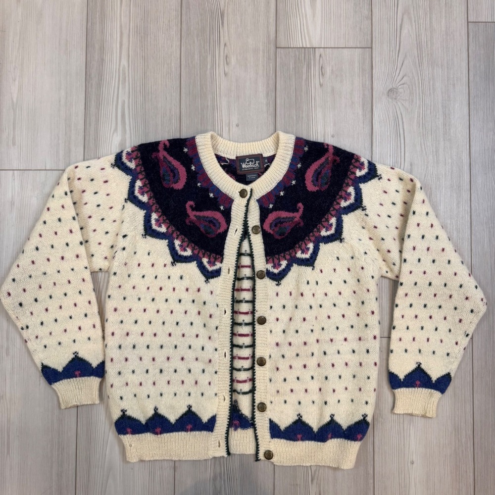 Woolrich Vintage Wool Mohair Paisley Fair Isle Cardigan Sweater Winter White M